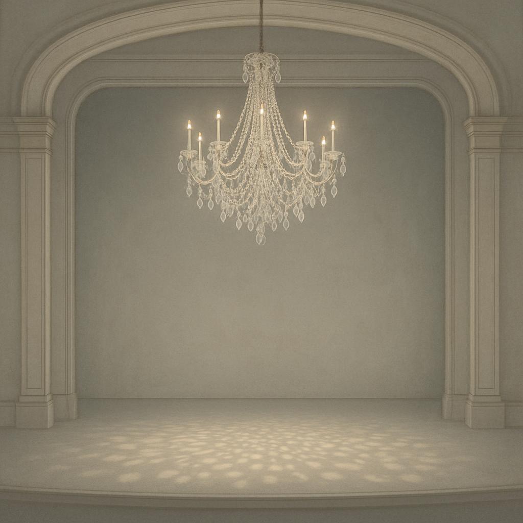 A dimly lit room with a chandelier is peacefully empty, bathed in soft light that highlights arched details adorned with p...
