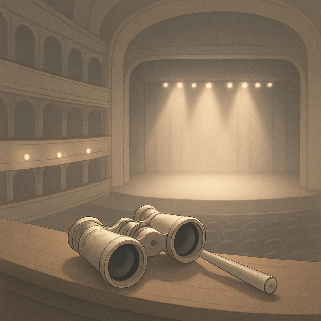 A large stage with a spotlight and opera binoculars in the foreground.