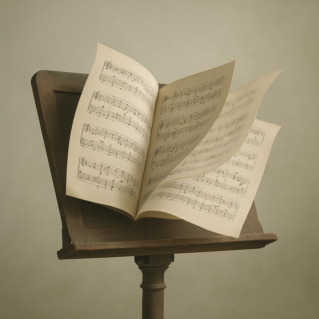 Sheet music on a music stand, multiple music notes per page and lines that curve.